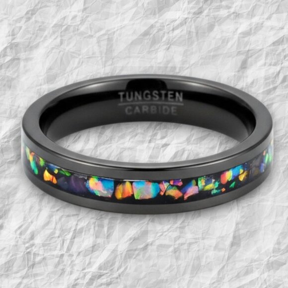 Black Tungsten Carbide Ring With Rainbow Opal Inlay For Men & Women - 6mm Width - Picture 1 of 9